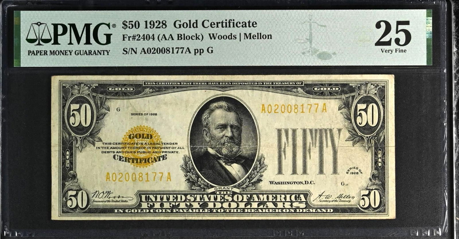 Fr. 2404 (AA Block) $50 1928 Gold Certificate PMG VF25 (1 of 2)