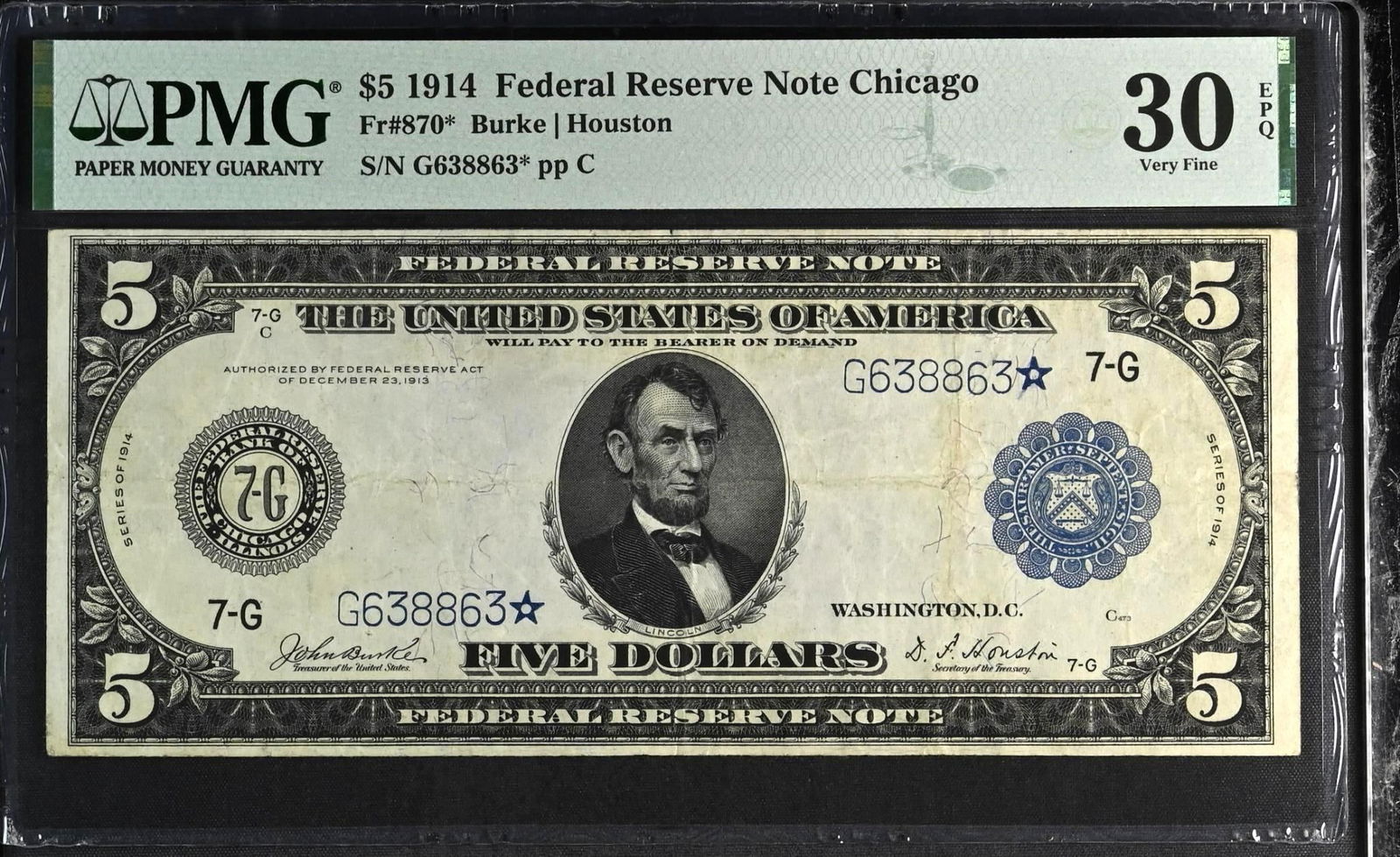 Fr. 870* $5 1914 Federal Reserve Note Chicago Star Note (1 of 2)