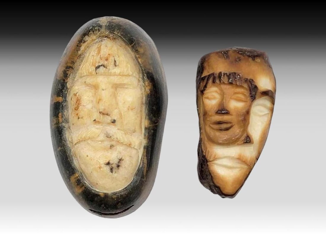 Fossilized Walrus Tusk Facial Carvings: Two carved and incised fossilized tusk faces includes one of a man with mustache, the other a transformational figure with secondary face applied upper left of the first. Largest measures approximatel