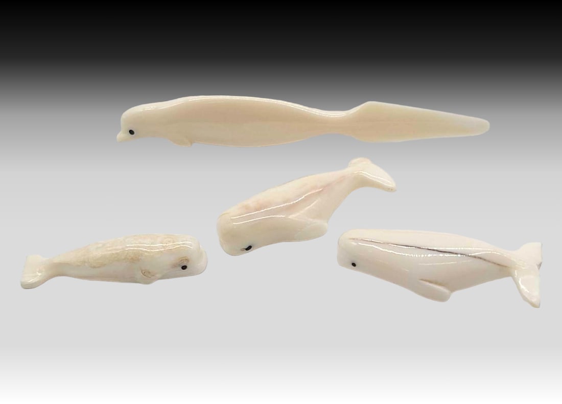 5x Walrus Tusk & Baleen Whales - Gordon Oosevaseuk: Three walrus tusk carved beluga whales with inset baleen eyes, plus one seal shaped letter opener. Signed on the underside of the belugas by Yup'ik artist Gordon Oosevaseuk of Gambell, St. Lawrenc