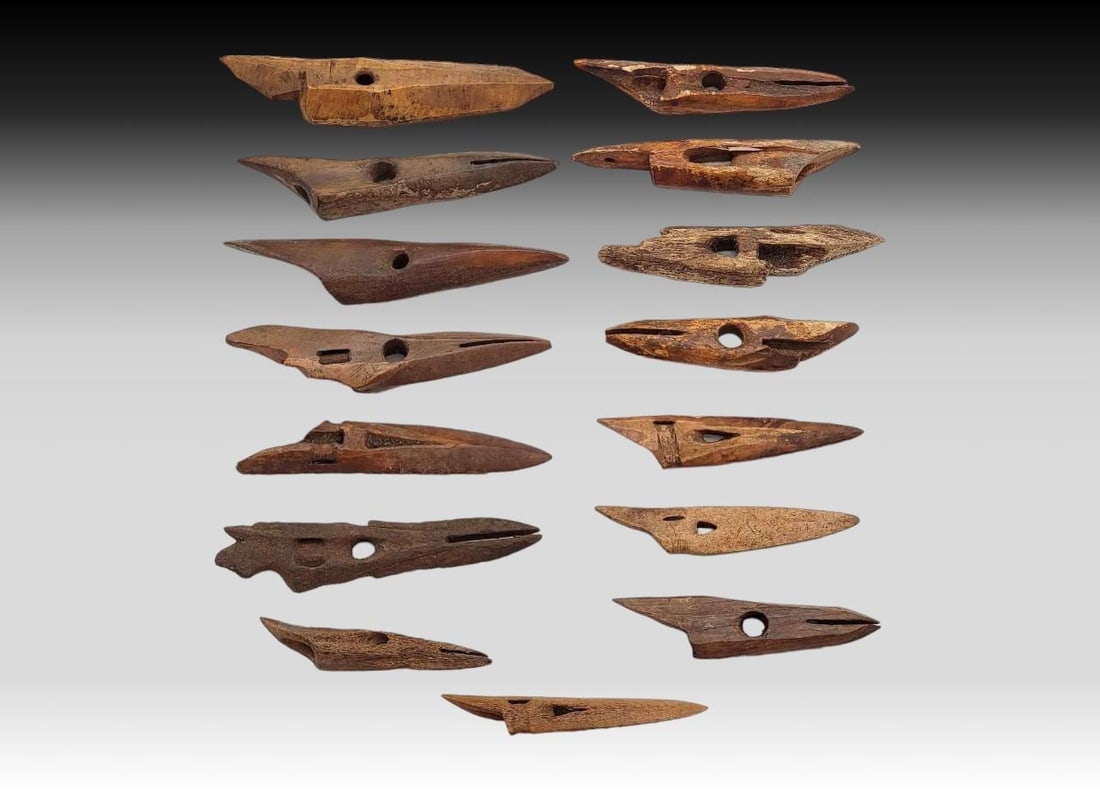 15x Punuk & Thule Toggle Harpoon Heads: Fifteen Punuk and Thule period fossilized walrus tusk toggle harpoon head artifacts with socket and spur at base, drilled hole above socket for harpoon line, and all but six a slot to hold a friction-