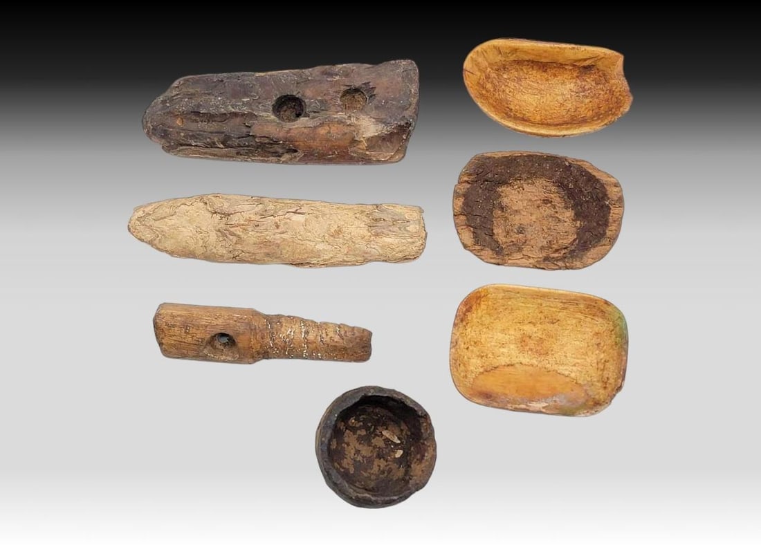 Punuk & Thule Fire Starter, Bowls & Gut Scrapers: A grouping of Punuk and Thule artifacts to include a very well-defined shallow bowl carved from fossil walrus tusk with incised rim, several other shallow bowls and gut scrapers, and numerous fire sta