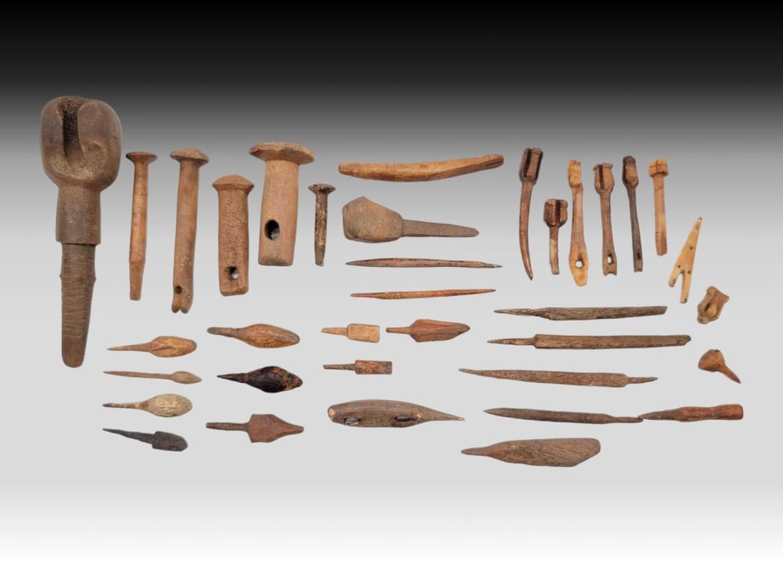 Eskimo Awls, Drills, & Other Tools: A group of thirty-six awls, drills, drill bits, and other Eskimo artifacts, all likely Thule to 19th century. The largest measures approximately 5.5" x 2" x 1.75". Note: Please note this i