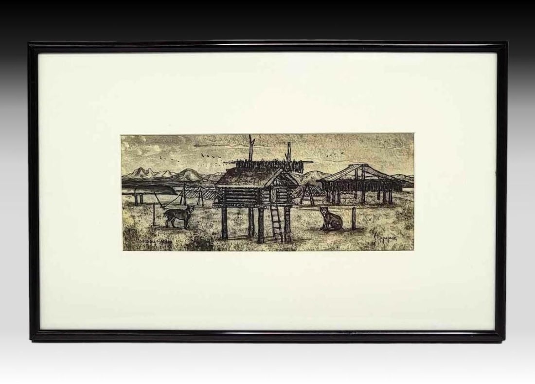 George Ahgupuk Original Drawing on Caribou Skin: A black ink drawing on caribou skin, signed lower right by the late Iñupiaq artist George Ahgupuk (1911-2001). The work depicts a central cache with two sled dogs resting, kayak stored for the night,