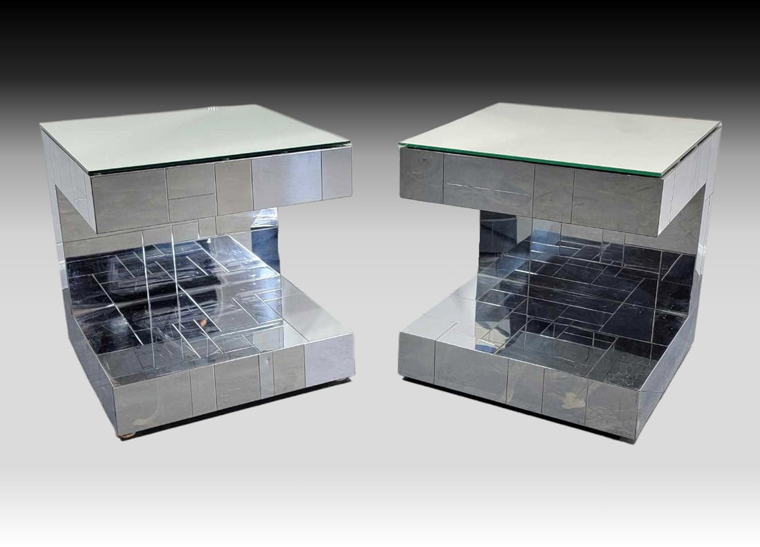 Paul Evans Cityscape Tessellated Chrome-Plated Steel End Table Pair: A pair of square tessellated chrome-plated steel Cityscape end tables featuring a U-form and topped with solid mirrored surfaces as shown. Designed and signed by studio art furniture maker Paul Evans