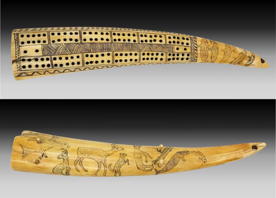 Walrus Tusk Cribbage Board w/ Scrimshaw Arctic Wildlife: A walrus tusk cribbage board featuring scrimshaw Arctic sea life including walrus, seals, and fish, plus detailed geometric scrimshaw patterns between the two rows of play. Underside of the board disp