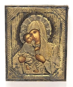 Antique Russian Orthodox Virgin of Vladimir Silver Icon