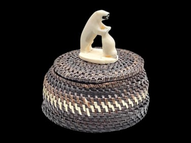 Iñupiaq Baleen Basket w/ Walrus Tusk Polar Bear Finial