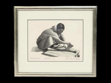 Fred Machetanz "Cutting Fish" Stone Lithograph