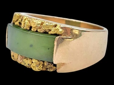 10k Yellow Gold, Alaska Gold Nugget & Jade Ring