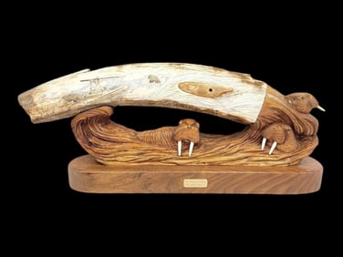 "The Walrus Hunter" Mammoth Tusk Sculpture by George Vukson