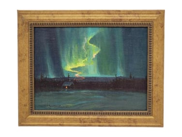 Scott McDaniel "Northern Lights Dancing in Sky - Cabin" Oil Painting