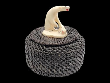 Iñupiaq Baleen Basket w/ Walrus Tusk Polar Bear Finial - George Omnik