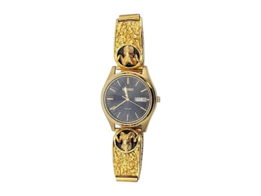 Gold Nugget & 10k Yellow Gold Seiko Solar Watch