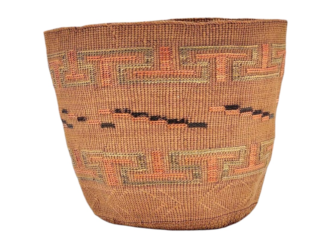 Tlingit Twined Spruce Root Berry Basket: A detailed antique Tlingit twined spruce root berry basket with sloped sides and dual bands of subtle red and yellow false-embroidered fretwork, with central duo-tone stepped design. Bottom third has
