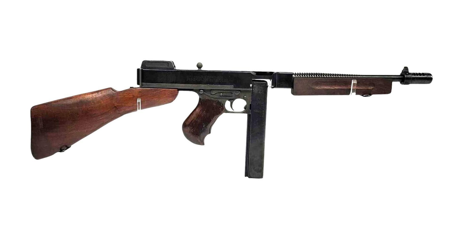 Auto Ordnance Thompson Model 1928A1 Display Guns - Parts w/Dummy Reciever: An Auto Ordnance M1A1 Thompson Sub-Machine Gun 45 ACP,parts only display gun with dummy reciever, marked on the side for model 1928A1. Firearm has a walnut stock set with push button removable buttsto