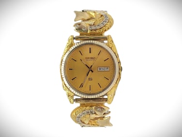 Salmon Motif Gold Nugget, 10k Yellow Gold & Diamond Seiko Watch