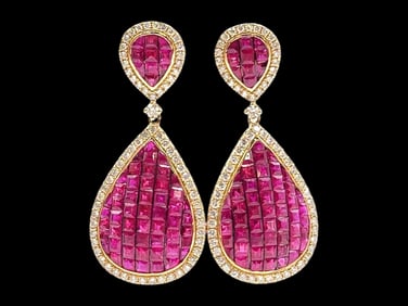 14k Yellow Gold, Diamond & Ruby Pear-Shaped Drop Earrings