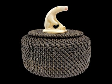 Iñupiaq Baleen Basket w/ Walrus Tusk Polar Bear Finial - George Omnik