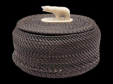 Iñupiaq Baleen Basket w/ Walrus Tusk Polar Bear Finial - Luke Koonook