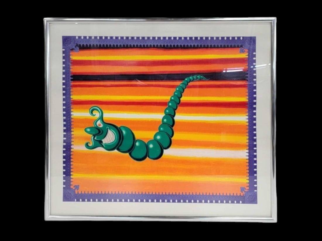 Kenny Scharf "Jade Pea God" Screenprint: A c.1989 screenprint from an original edition of 233 and titled "Jade Pea God" by surrealist artist Kenny Scharf (American, b.1958); a brochure about the artist and his works from the Martin L