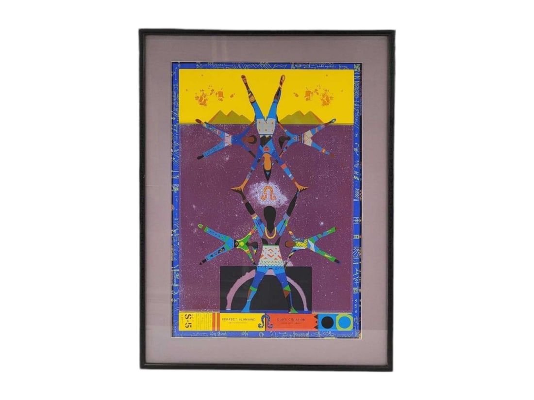 John Thomas Riddle, Jr. "Perfect Planning" Serigraph: A c.1982 serigraph of a mixed media piece by John Thomas Riddle, Jr. (American, 1934-2002), titled "Perfect Planning." The figural composition of collage elements depicts two central figures w