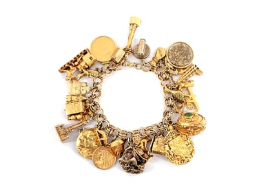 14k Gold Charm Bracelet w/ Gold Nuggets, Mammoth Tusk & Jade Charms