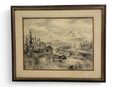 Norman Lowell Cabin on Riverbank Original Charcoal Drawing