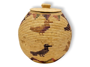 Yup'ik Coiled Grass Basket w/ Avian & Geometric Design