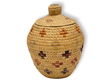 Yup'ik Coiled Grass Basket w/ Floral & Butterfly Design - Mary L. John