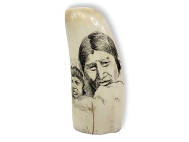 Scrimshaw Whale Tooth of Eskimo Mother & Child