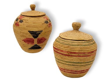 Yup'ik Polychrome Geometric & Striped Coiled Grass Baskets