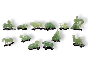 Complete Set of 12 Celadon Jade Chinese Zodiac Figures