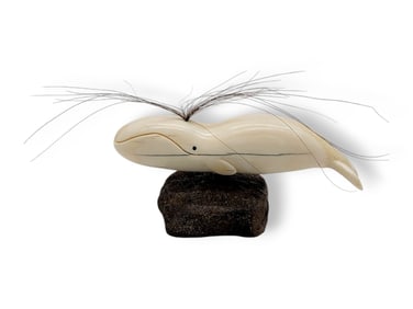 Walrus Tusk Spouting Bowhead Whale on Bone Base