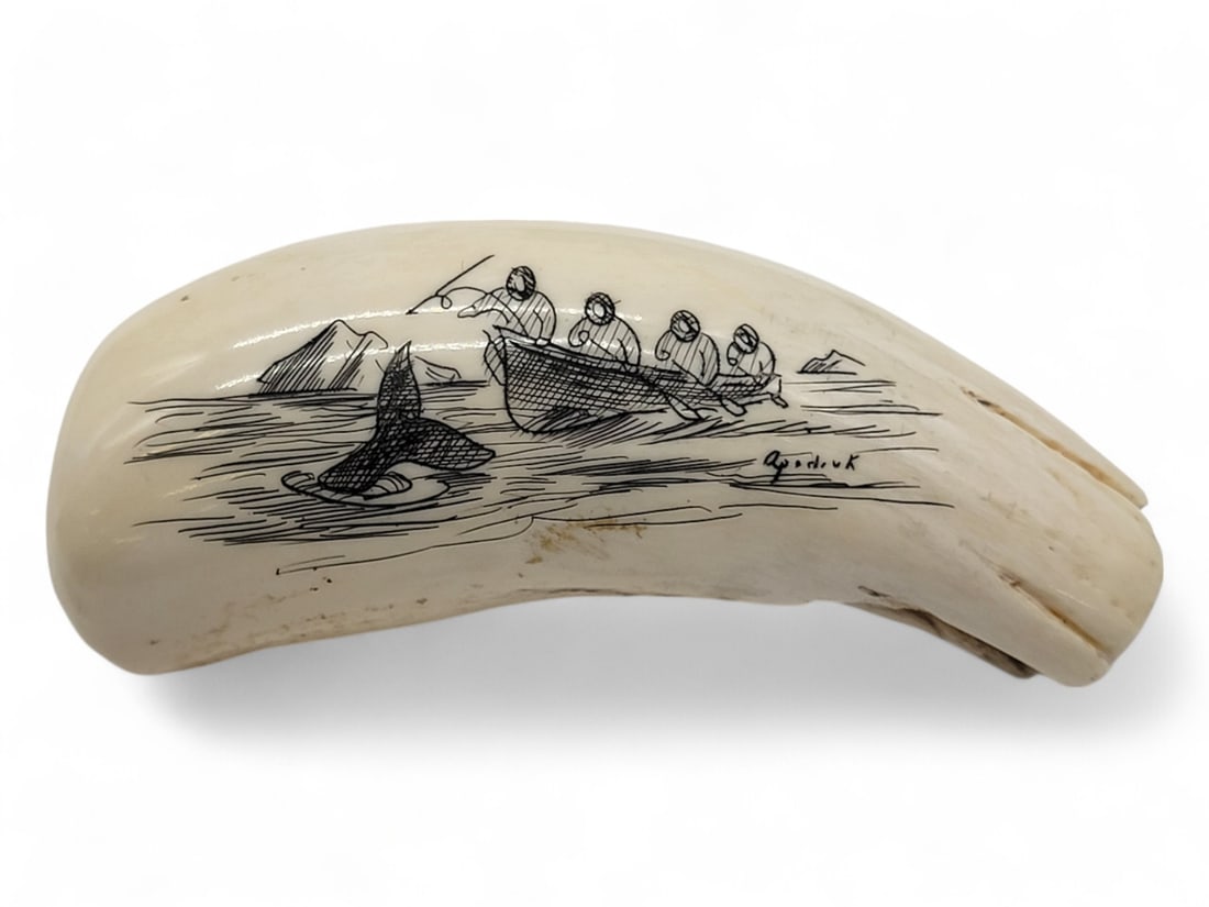 Whale Tooth w/ Whale Hunter Scrimshaw - Harry Apodruk: A whale tooth with scrimshaw artwork depicting a whale hunt; three men are directing their umiak while a fourth thrusts his harpoon at their unsuspecting whale, fluke having breeched the Arctic waters