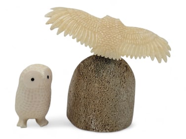 Walrus Tusk, Baleen & Fossilized Bone Snowy & Horned Owl Figurines