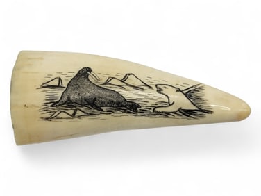 King Island Scrimshaw Whale Tooth - Peter Mayac
