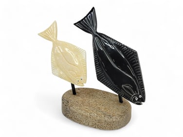 Dennis Pungowiyi Walrus Tusk, Baleen & Bone Halibut Sculpture