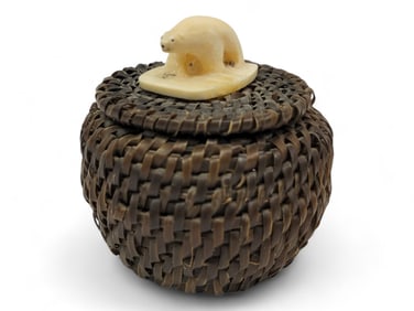 Baleen Basket w/ Walrus Tusk Polar Bear Finial - J. Koonuk