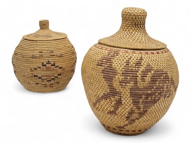 Yup'ik Pictorial & Geometric Design Coiled Grass Baskets