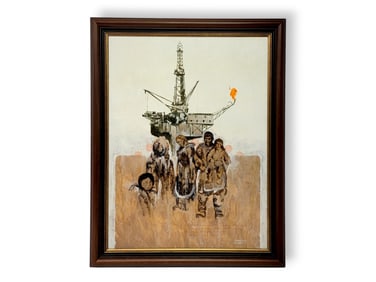 Jon Van Zyle Original Painting of Alaska Natives in an Oil Field