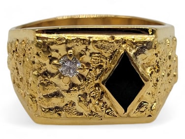 Gold Nugget & Black Jade Signet Ring