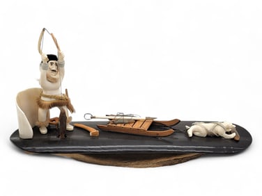 Eskimo Walrus Tusk & Baleen Fishing Scene Diorama