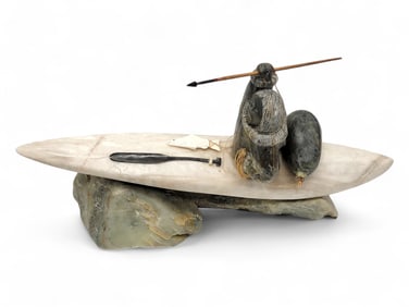 Large Inuit Soapstone Carving of Kayak Hunter