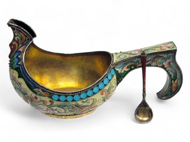 Antique Russian Silver Cloisonné Enamel Kovsh & Salt Spoon
