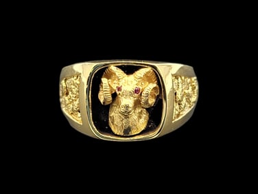 Gold Nugget & 10k Dall Sheep Ram's Head Ring - Size 9.5