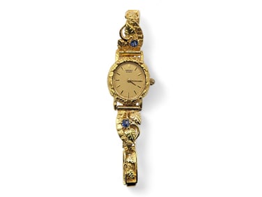 Ladies Seiko 14k Yellow Gold Watch w/ Alaska Gold Nuggets & Sapphires