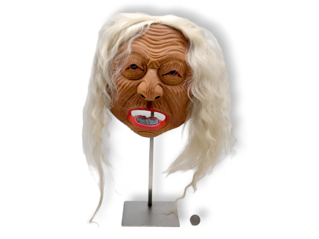 Northwest Coast Tsungani False Face Mask: 1996 Pacific Northwest Coast false face mask signed en verso by artist Tsungani (Fearon Smith Jr, b. 1948 ), a Cherokee/adopted Kwakwaka'wakw (Kwakiutl) artist and chief of the Wiummasgum Clan of the 