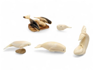 Carved Walrus Tusk Whale Figurines - Melcher Oozevaseuk & Lester Nupowhotuk