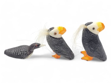 Three Miniature Carved Horned Puffins - Kevin Oosevaseuk